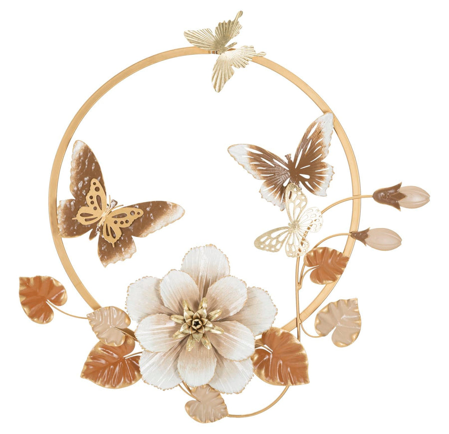 Metallische Schmetterlings- und Blumenwanddekoration in rundem Rahmen