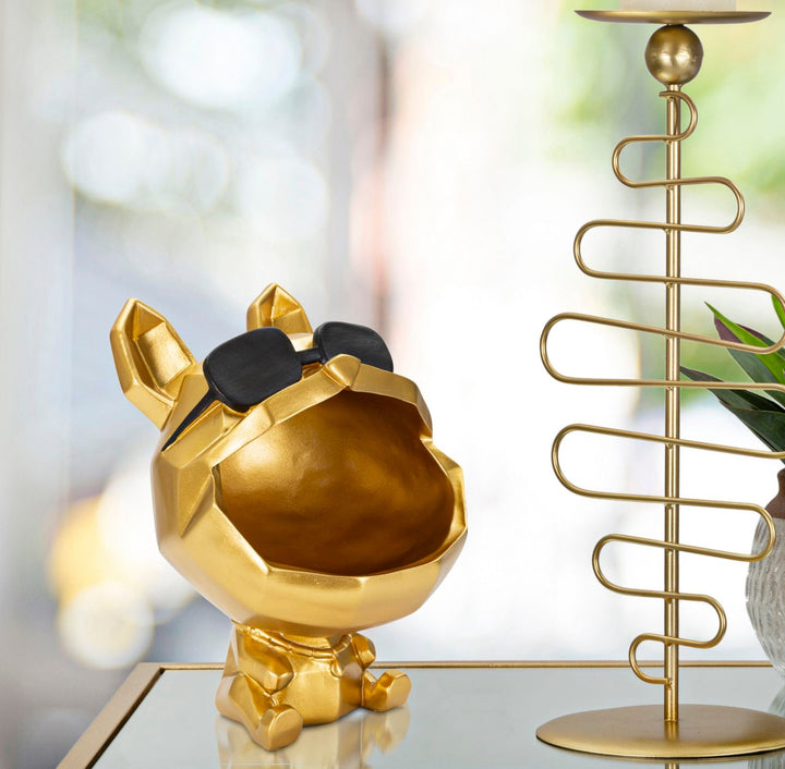 Goldene Hundestatue mit Sonnenbrille (Moderne Dekoration - Aufbewahrung)