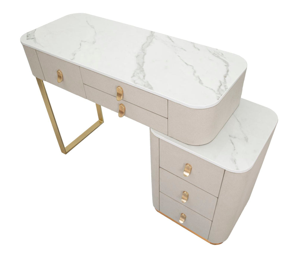 Kammtisch in Gold und Beige mit Marmorplatte und Schublade