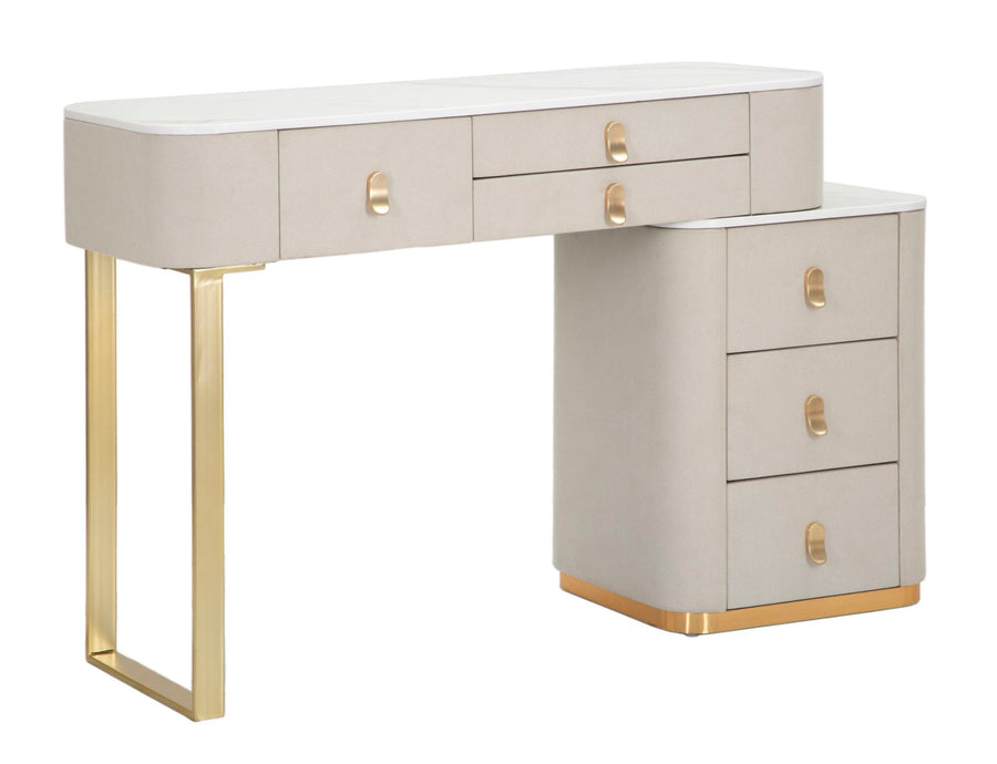 Kammtisch in Gold und Beige mit Marmorplatte und Schublade