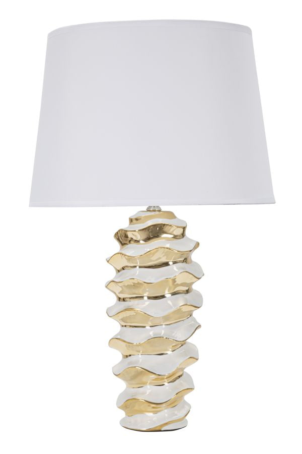 Goldene und weiße Keramik-Tischlampe mit Riffelung