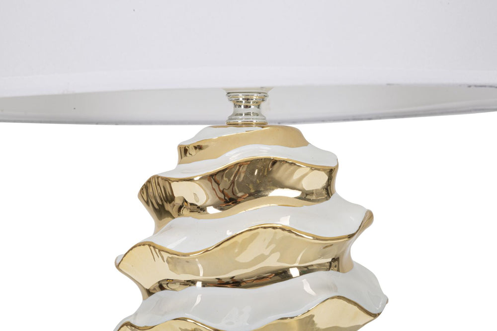 Goldene und weiße Keramik-Tischlampe mit Riffelung