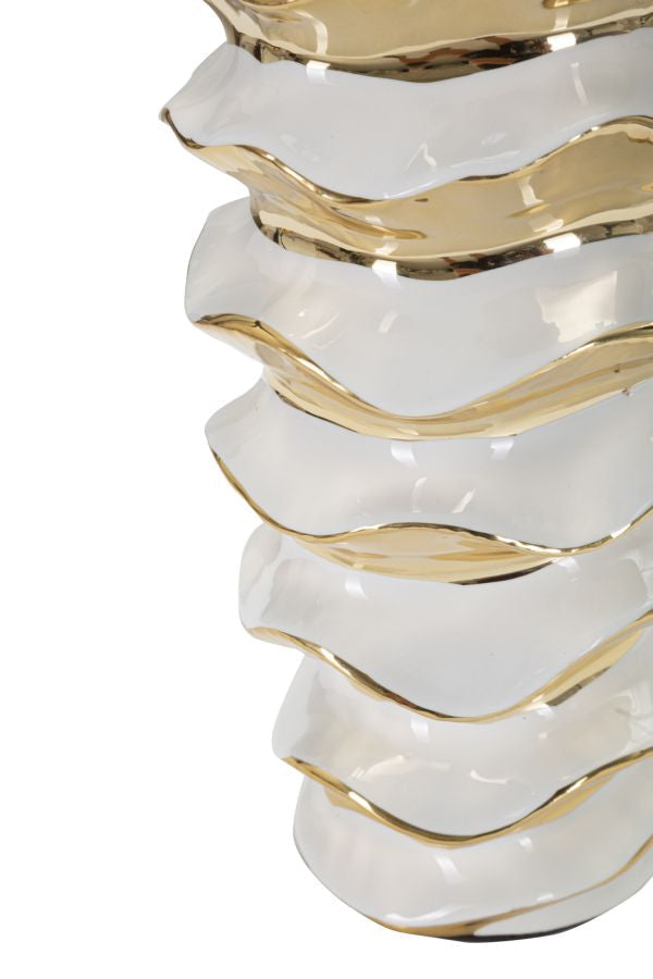 Goldene und weiße Keramik-Tischlampe mit Riffelung
