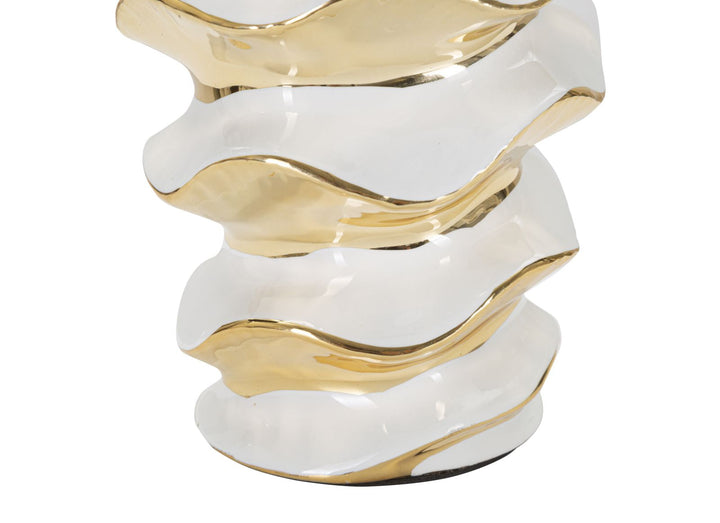 Goldene und weiße Keramik-Tischlampe mit Riffelung