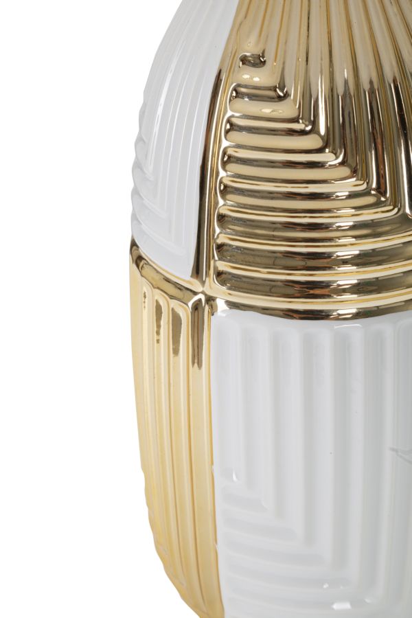 Geometrische Tischlampe aus Keramik in Gold und Weiß