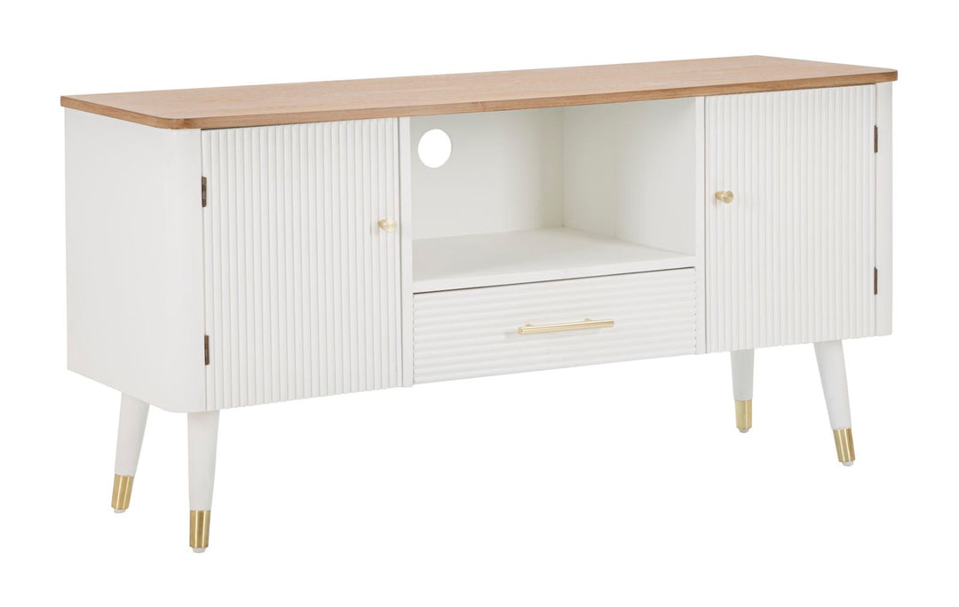 Weißer Holz-TV-Schrank mit brauner Platte