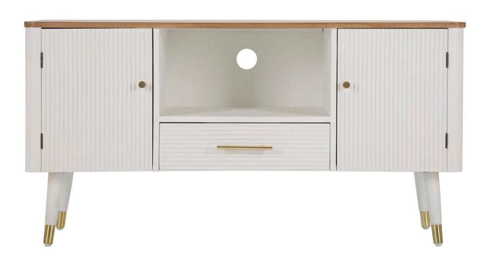 Weißer Holz-TV-Schrank mit brauner Platte