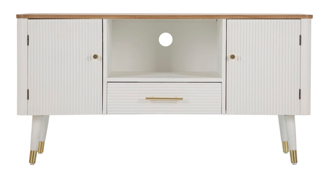 Weißer Holz-TV-Schrank mit brauner Platte