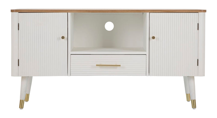 Weißer Holz-TV-Schrank mit brauner Platte