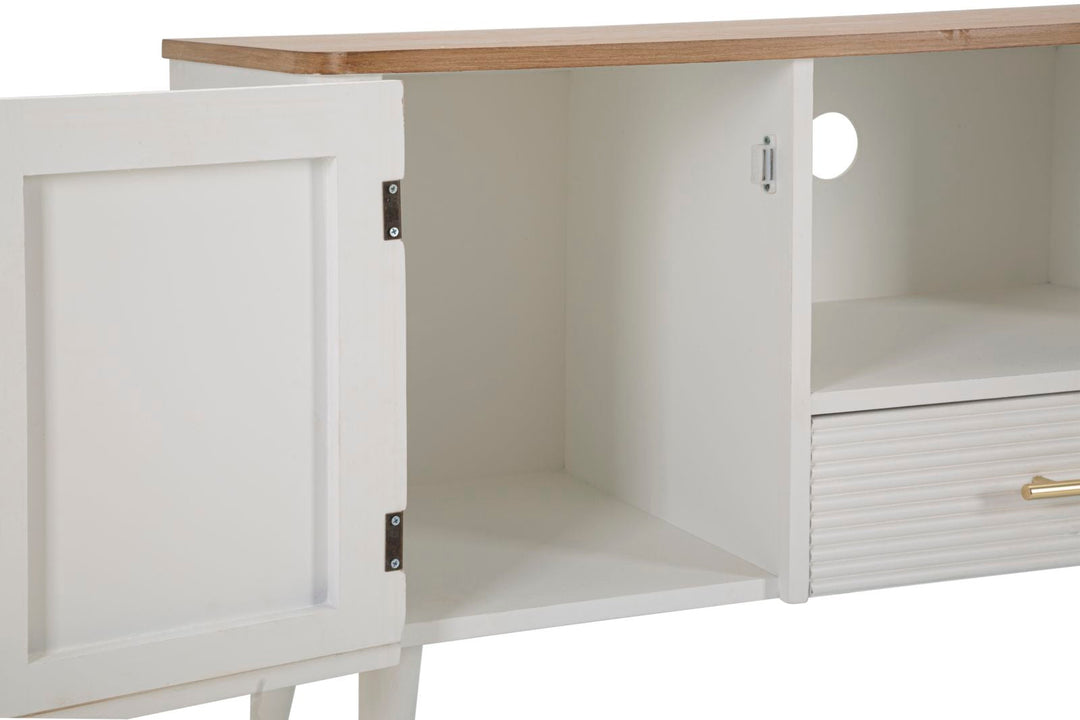 Weißer Holz-TV-Schrank mit brauner Platte