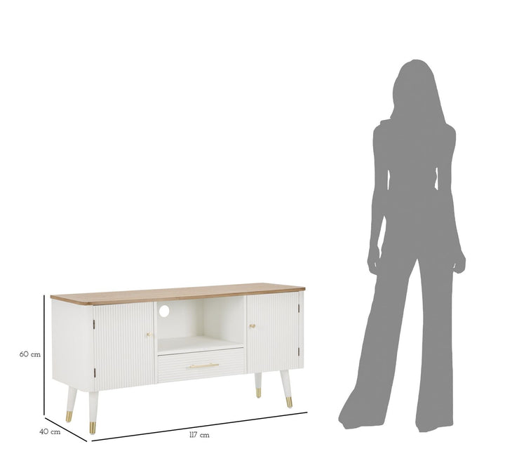 Weißer Holz-TV-Schrank mit brauner Platte