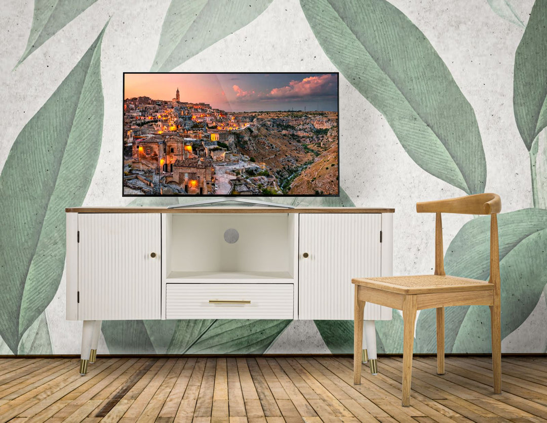 Weißer Holz-TV-Schrank mit brauner Platte