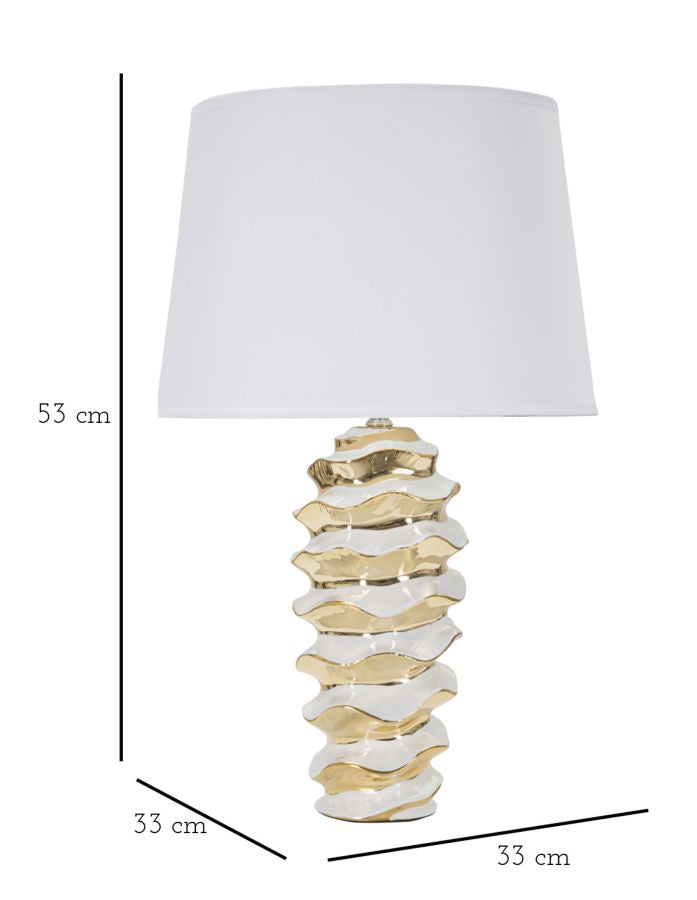 Goldene und weiße Keramik-Tischlampe mit Riffelung