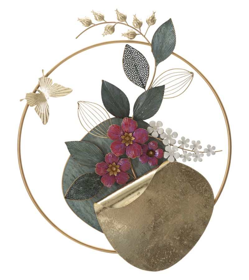 Metall Blume und Blatt-Muster Wanddekoration in rundem Rahmen