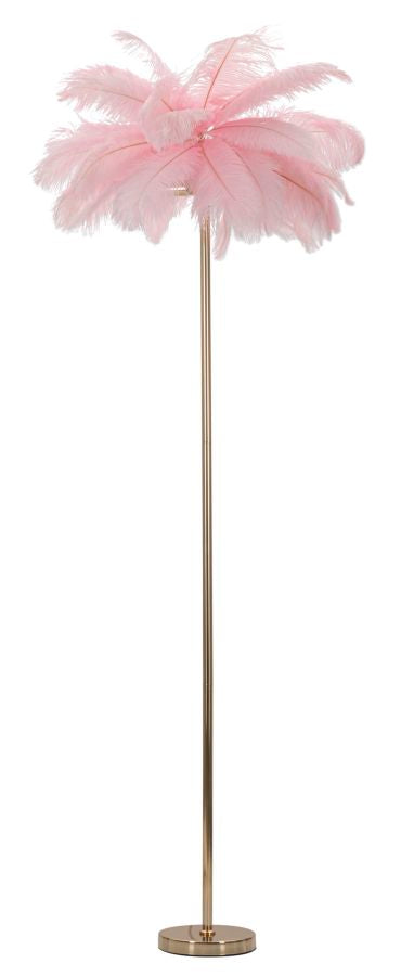 Stehlampe mit Federn in Gold und Rosa