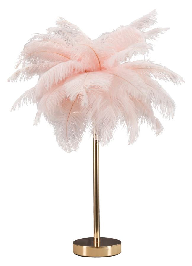 Tischlampe mit Federn in Gold und Rosa