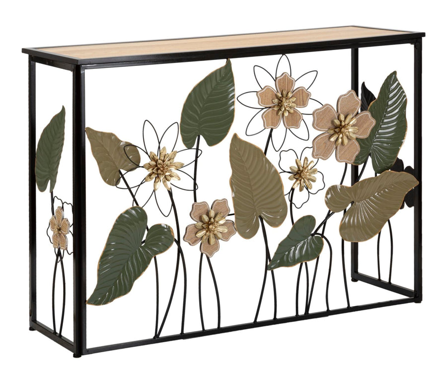 Rechteckiger Konsolentisch aus Metall und Holz mit Blumen und Blättern