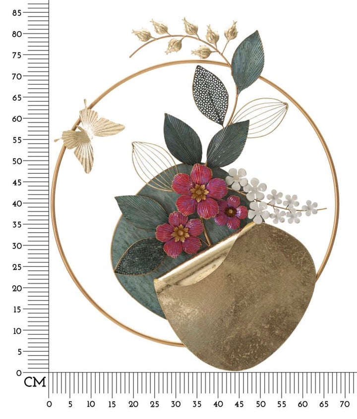 Metall Blume und Blatt-Muster Wanddekoration in rundem Rahmen