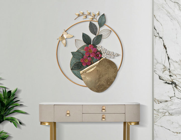 Metall Blume und Blatt-Muster Wanddekoration in rundem Rahmen