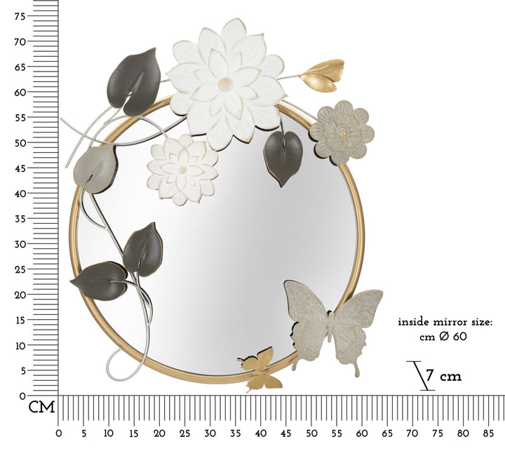 Runder Wandspiegel aus Metall mit Blumen und Schmetterlingen