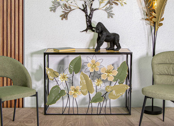 Rechteckiger Konsolentisch aus Metall und Holz mit Blumen und Blättern
