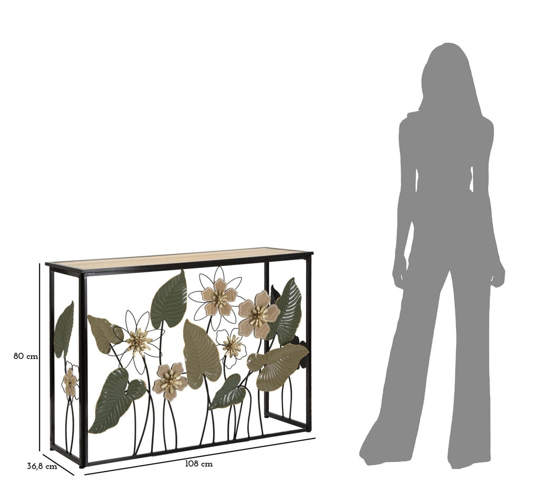 Rechteckiger Konsolentisch aus Metall und Holz mit Blumen und Blättern