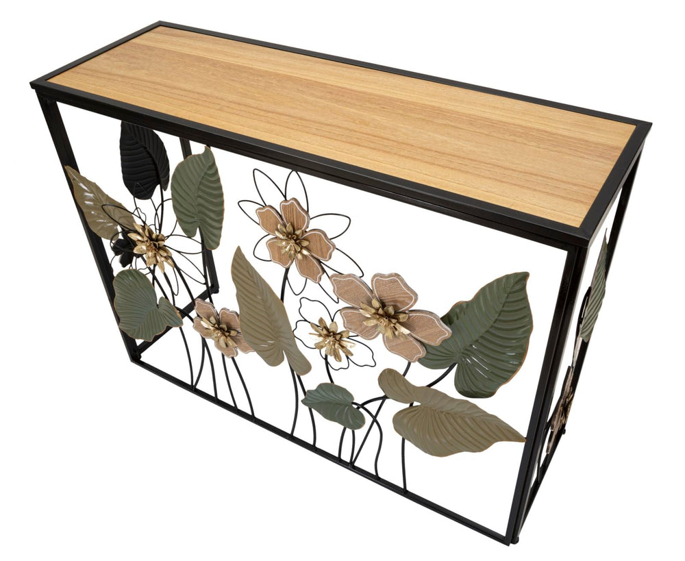 Rechteckiger Konsolentisch aus Metall und Holz mit Blumen und Blättern