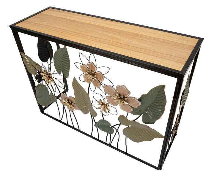 Rechteckiger Konsolentisch aus Metall und Holz mit Blumen und Blättern