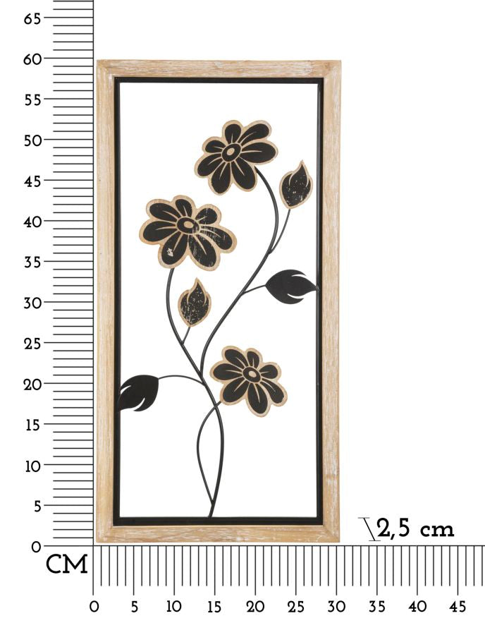 Schwarze Metall- und Holzblumen-Wanddekoration in quadratischem Rahmen