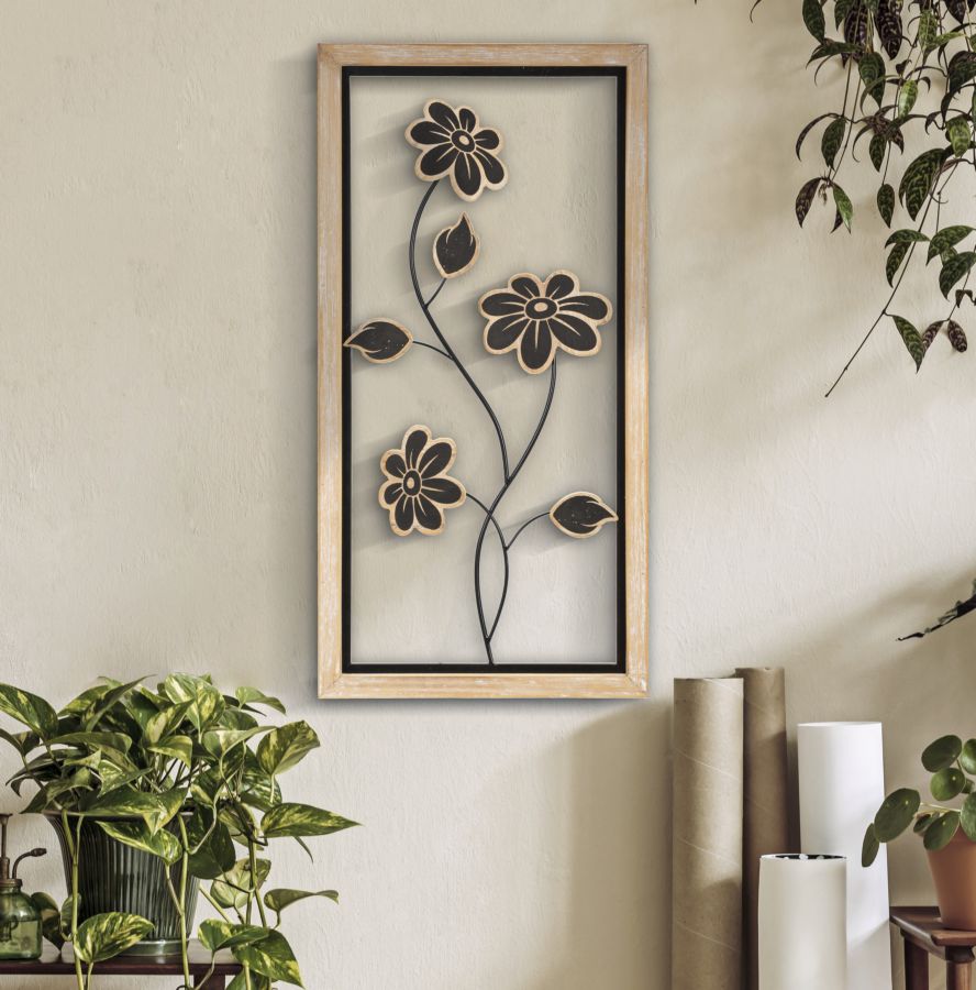 Schwarze Metall- und Holzblumen-Wanddekoration in quadratischem Rahmen