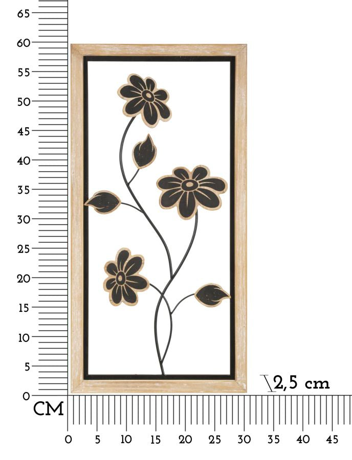 Schwarze Metall- und Holzblumen-Wanddekoration in quadratischem Rahmen