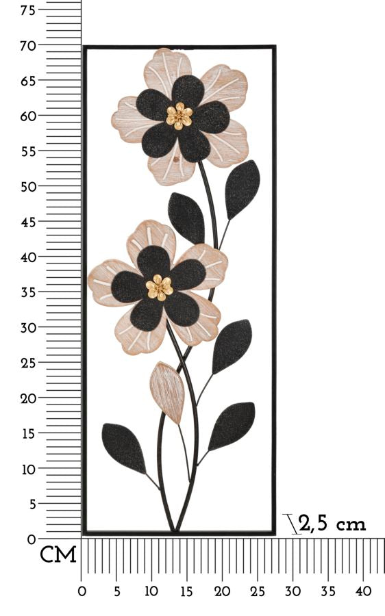 Schwarze Metall- und Holzblumen-Wanddekoration in quadratischem Rahmen