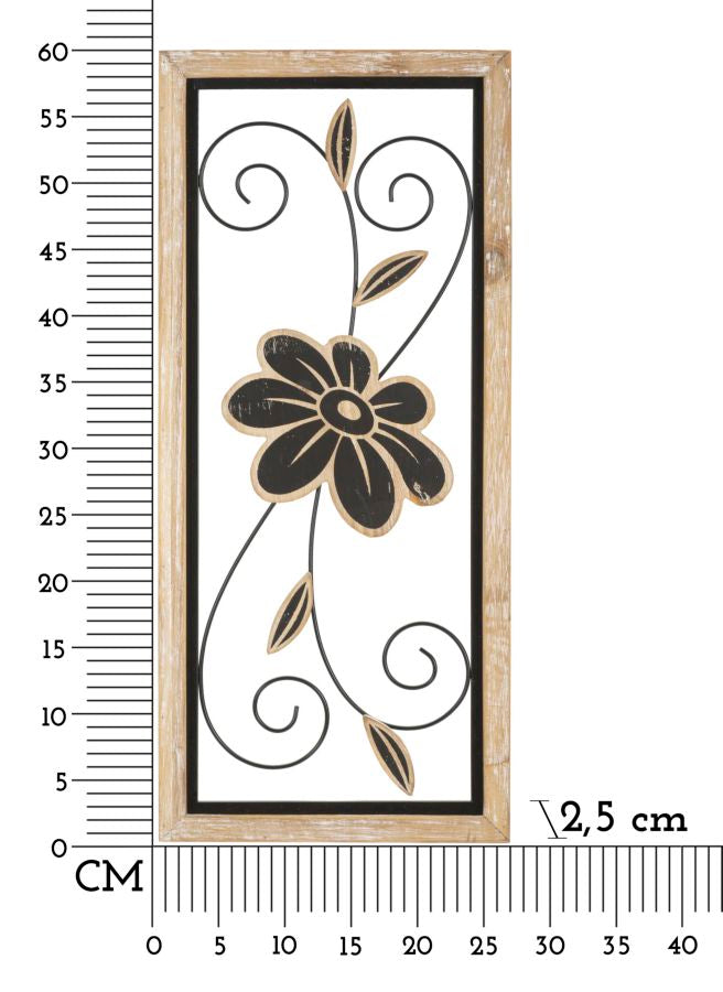 Schwarze Metall- und Holzblumen-Wanddekoration in quadratischem Rahmen