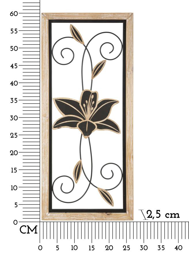 Schwarze Metall- und Holzblumen-Wanddekoration in quadratischem Rahmen