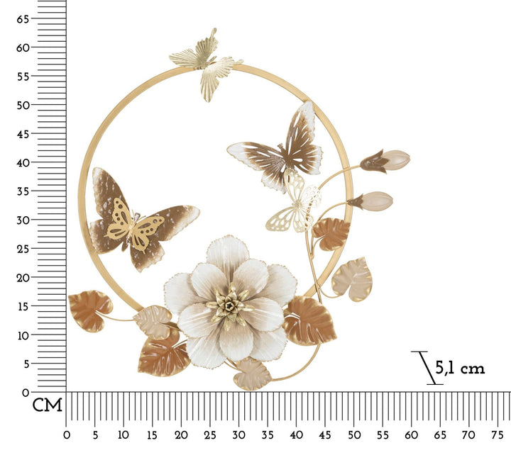 Metallische Schmetterlings- und Blumenwanddekoration in rundem Rahmen