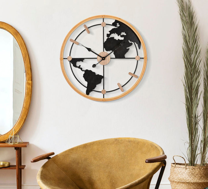 Metall und Holz Weltkarte Wanduhr
