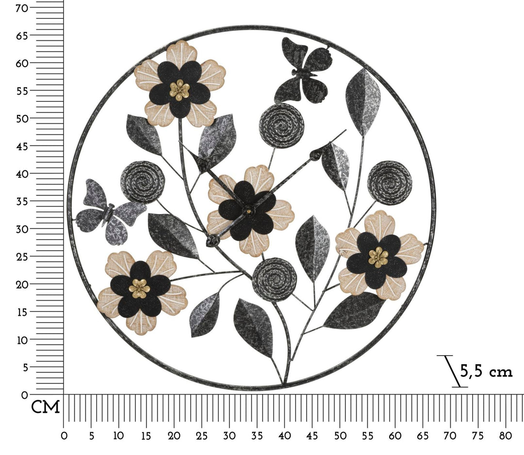 Schwarze Metall- und Holz-Wanduhr mit Blumenmuster