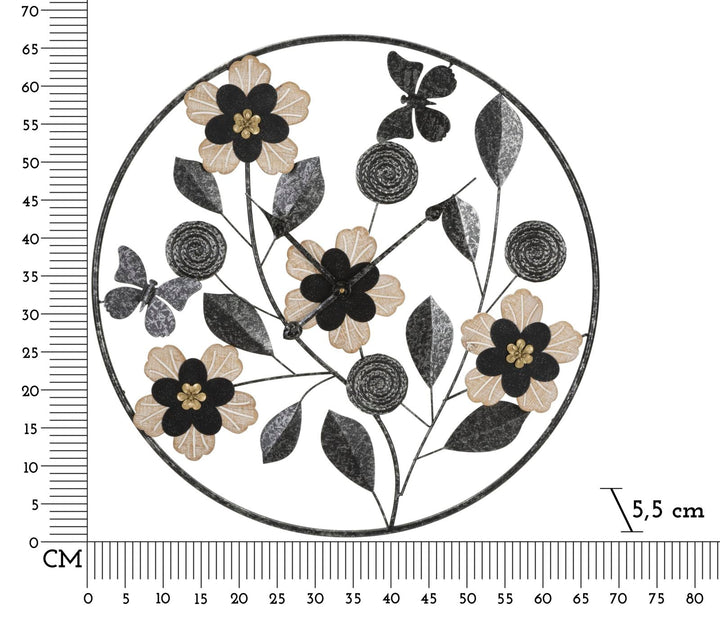 Schwarze Metall- und Holz-Wanduhr mit Blumenmuster