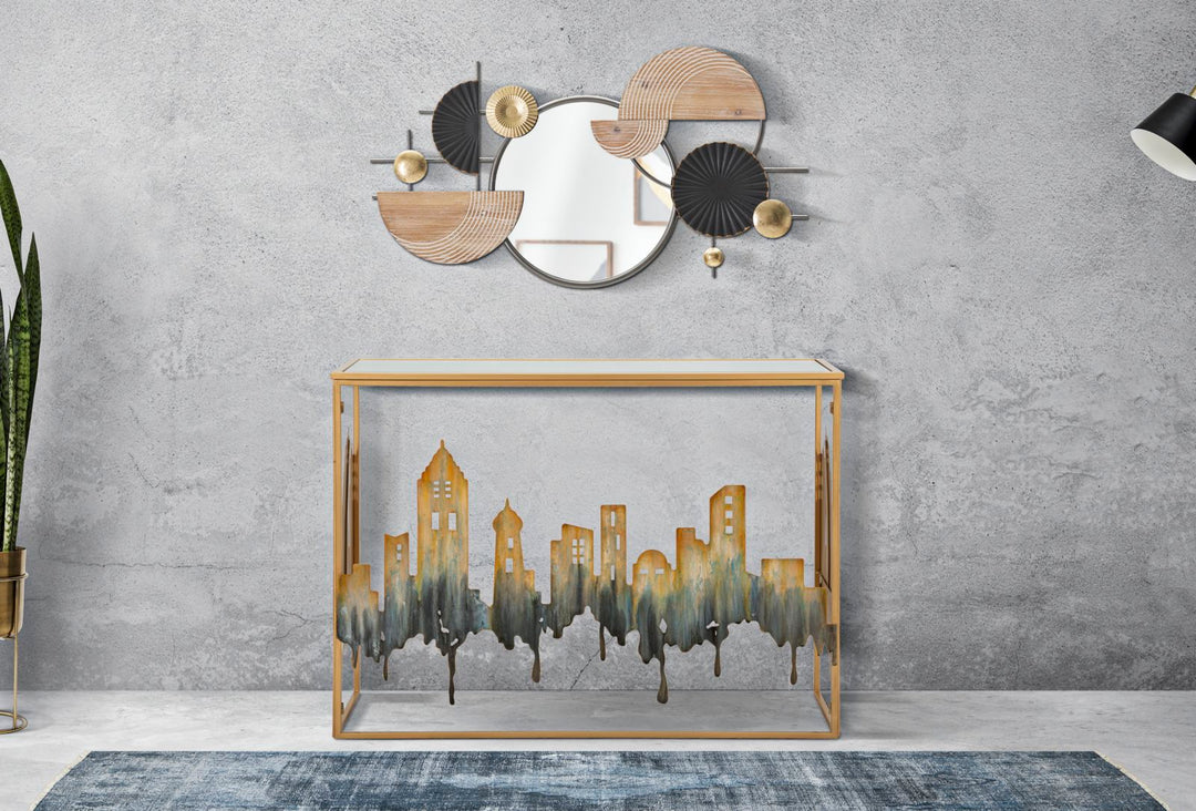 Geometrische Kreise aus Metall und Holz Dekorierter Wandspiegel