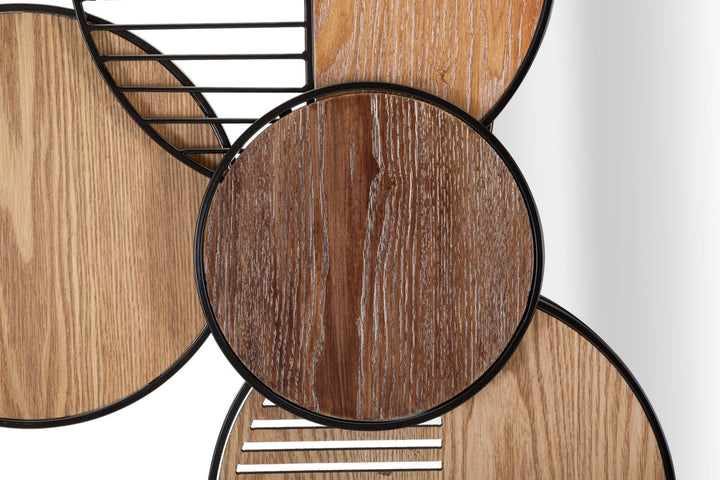Geometrische Kreise aus Metall und Holz Dekorierter Wandspiegel