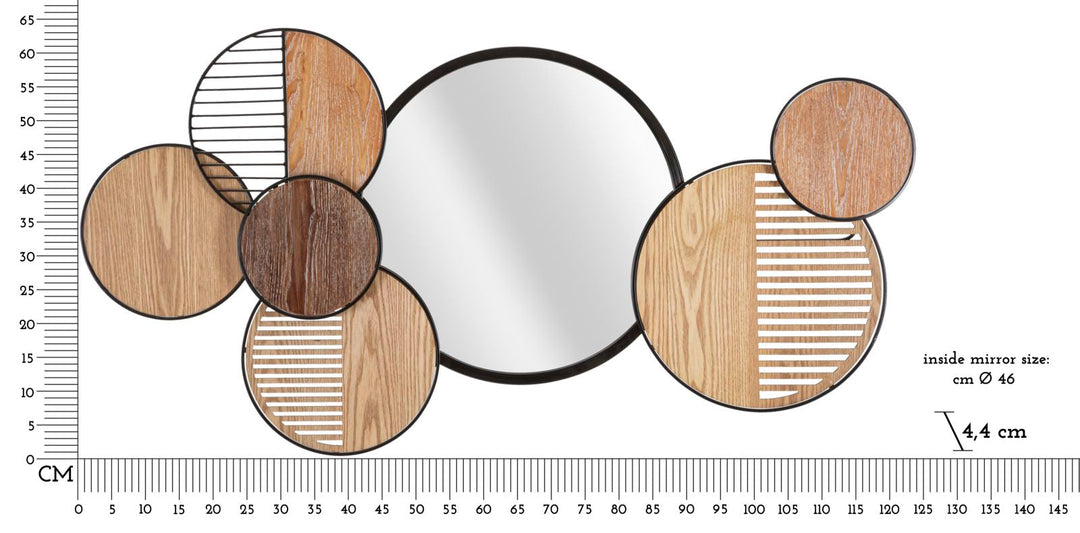 Geometrische Kreise aus Metall und Holz Dekorierter Wandspiegel