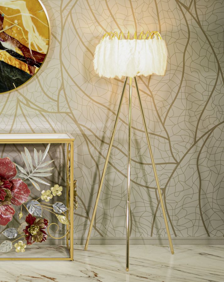 Stehlampe mit 3 Beinen in Gold und Weiß mit Federn