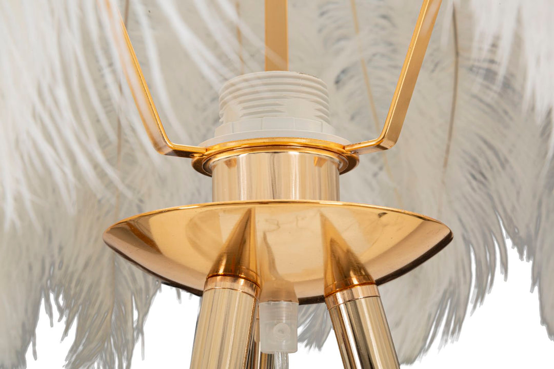 Stehlampe mit 3 Beinen in Gold und Weiß mit Federn