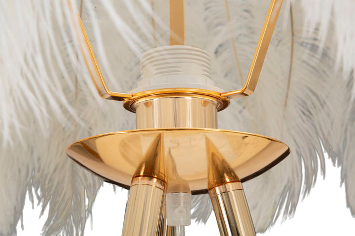 Stehlampe mit 3 Beinen in Gold und Weiß mit Federn