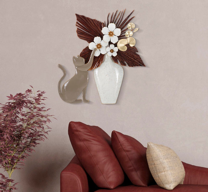 Metall Blumenvase mit Katze Wanddekoration