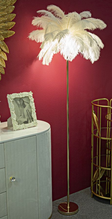 Stehlampe mit Federn in Gold und Weiß