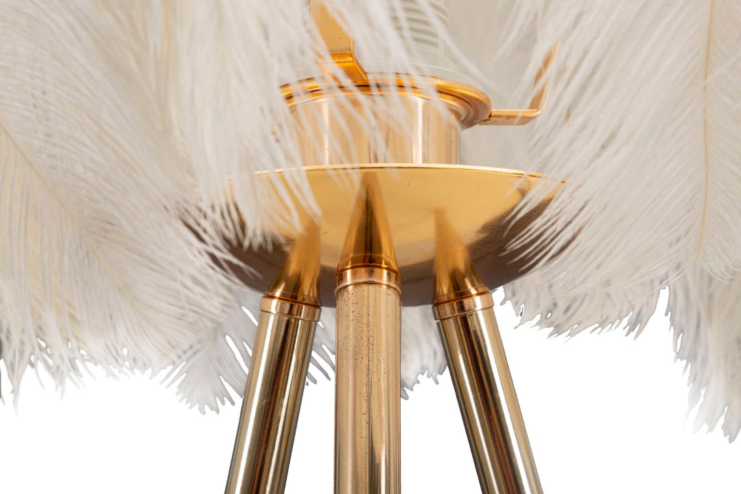 Tischlampe mit 3 Beinen aus Gold und weißem Federschmuck