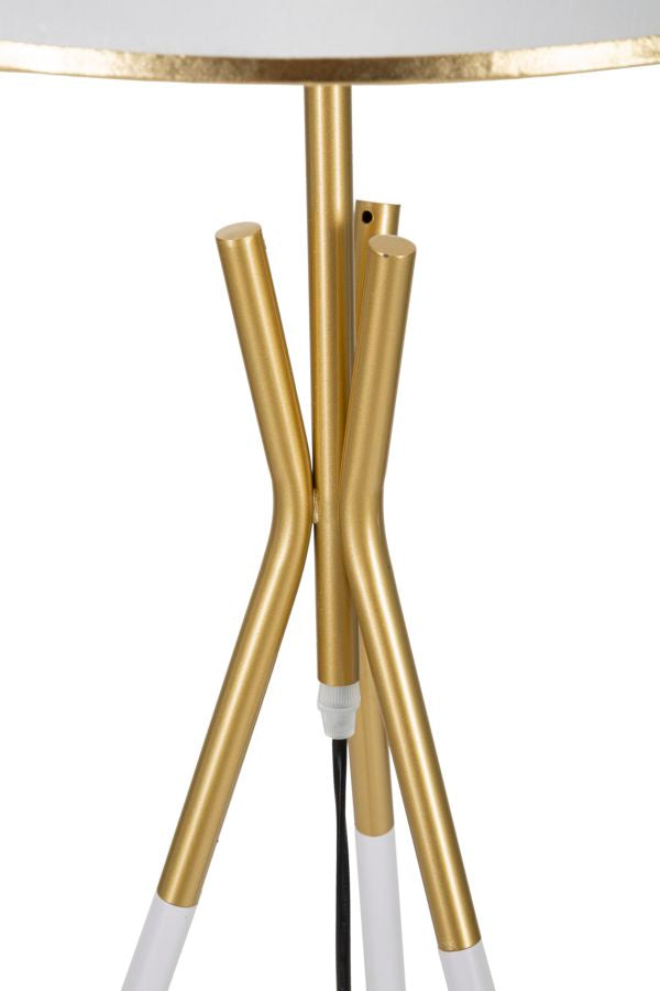 Stehlampe aus Metall mit 3 Beinen in Gold und Weiß