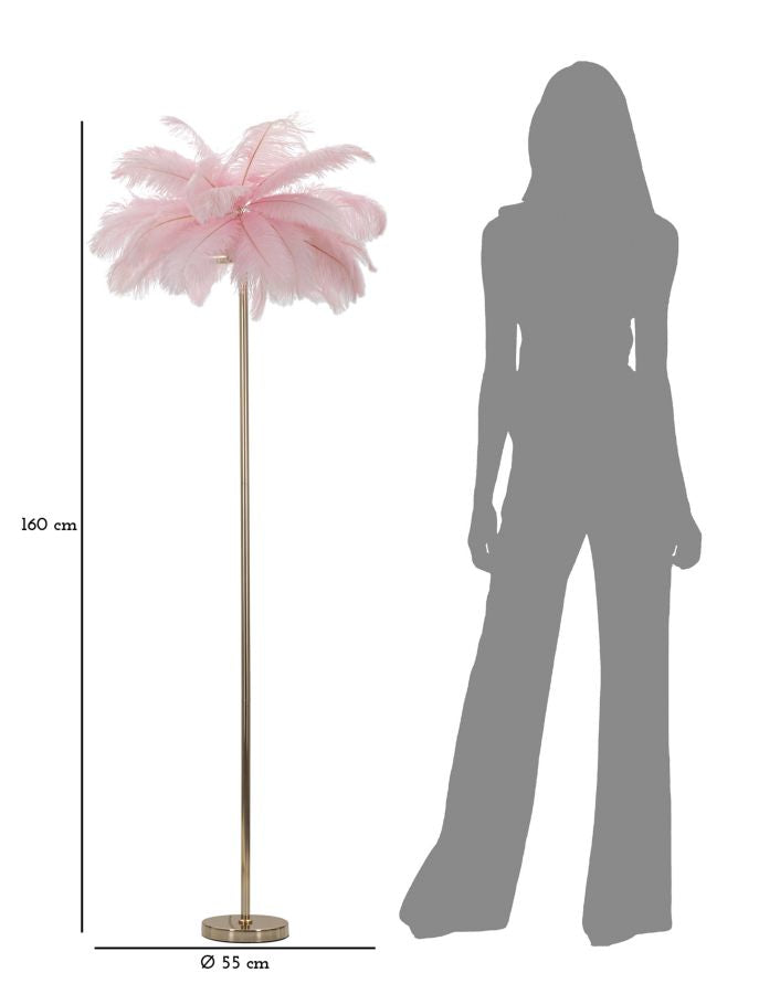 Stehlampe mit Federn in Gold und Rosa
