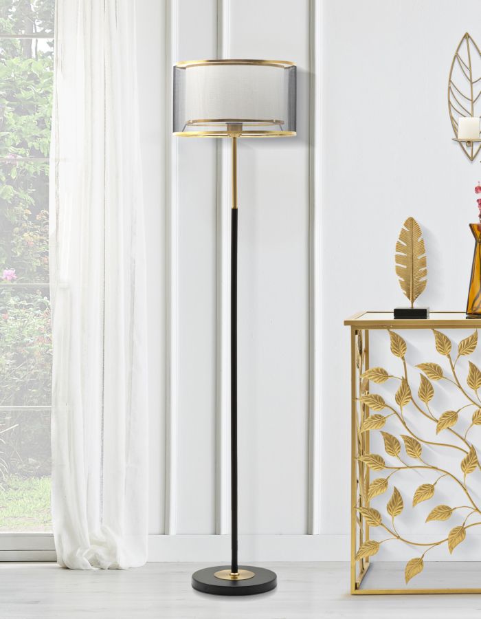 Transparente Stehlampe in Gold und Schwarz
